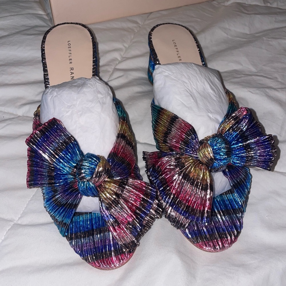 Loeffler Randall Multicolor Emilia Penny Pleated Knot Rainbow Metallic Sandals